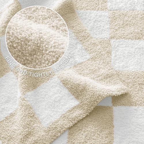 Exclusivo Mezcla Checkered Knit Throw Blanket, Ultra Soft and Warm Reversible Woven Blankets, Cozy Snuggly Throw for Couch Bed and Home Decor, Khaki, 50"x60" - color: Khaki, size: Throw (50"x60")