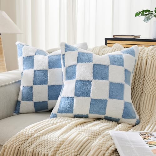 Ohocut Checkered Jacquard Shag Throw Pillow Covers, Pack of 2 Fluffy Blue Cute Decorative Aesthetic Soft Checkered Throw Pillow Cases for Couch Sofa Bedroom,18x18 Inch - color: Blue, size: 18" x 18" (Pack of 2)