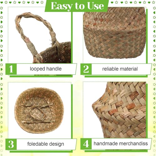 Qunclay 4 Pcs Woven Seagrass Baskets Belly Basket Folding Boho Natural Plant Pot with Handles Round Decorative Wicker Large Indoor Planter for Home Outdoor Tree Planters Decor (XXS,6.3''dx5.5''h) - size: XXS,6.3''Dx5.5''H