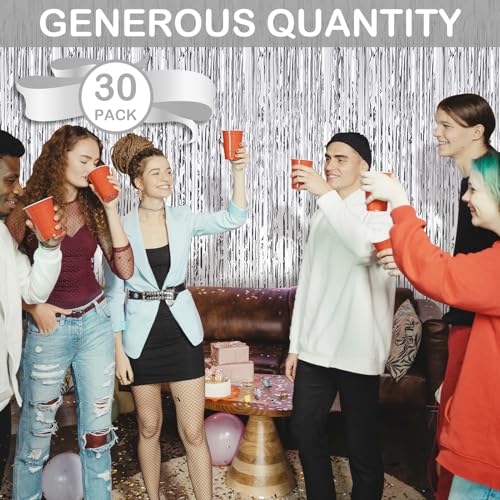 30 Pack Silver Foil Fringe Curtain Backdrop, 3.3x8.2 Feet Metallic Tinsel Streamer Curtains Photo Booth Props for Birthday/Wedding/Bachelorette/Baby Shower/Christmas/New Year/Disco Party Decorations - color: Silver