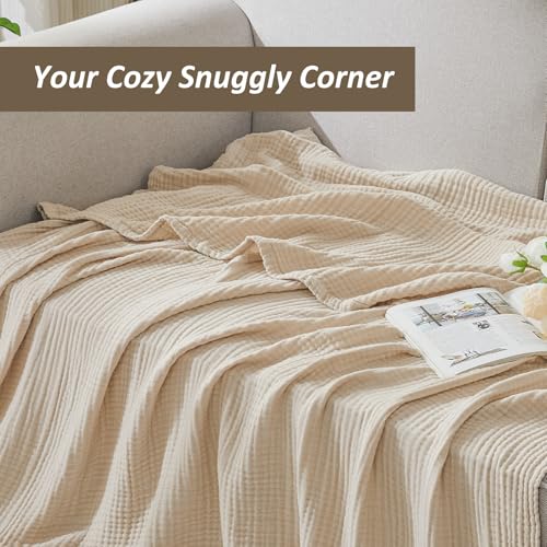 EMME Cotton Muslin Large Throw Blanket Couch Breathable Gauze Soft Lightweight Bed Blankets Adults (Heather Beige, 50"x70") - color: 03 - Beige, size: Large Throw (50" X 70")