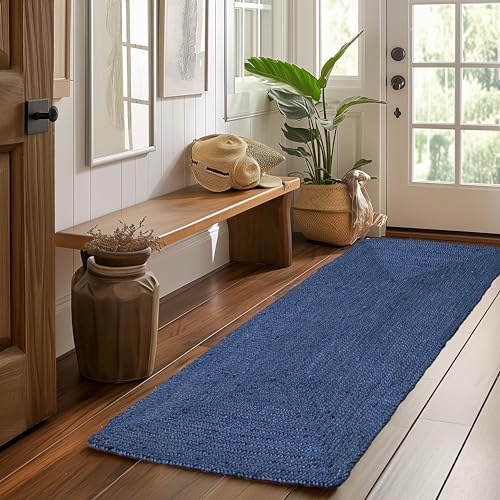Super Area Rugs Farmhouse Jute Braided Rug - Reversible Natural Fiber- Eco Friendly Rug for Living Room - Kitchen - Entryway Hand Woven, Navy, Runner 2' x 6' - color: Navy Blue, size: 2' x 6' (Rectangular)