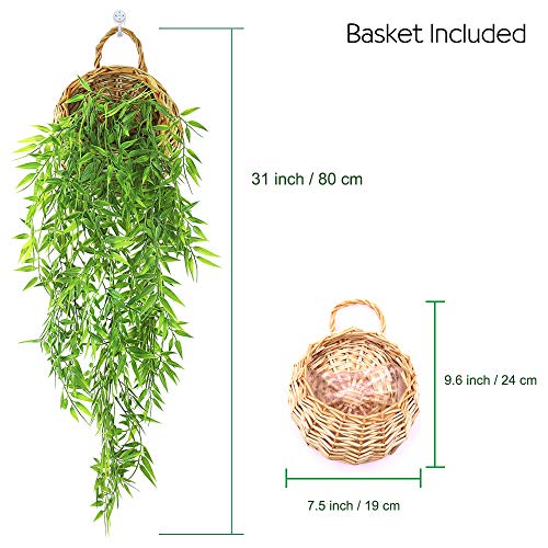 ANZOME Artificial Hanging Plants with Wall Basket, 2.7ft Faux Bamboo Vines for Shelf Decor, Fake Potted Greenery for Bathroom, Kitchen Cabinet Top (DIY Shapeable Set) - color: Wood+bamboo Leaves