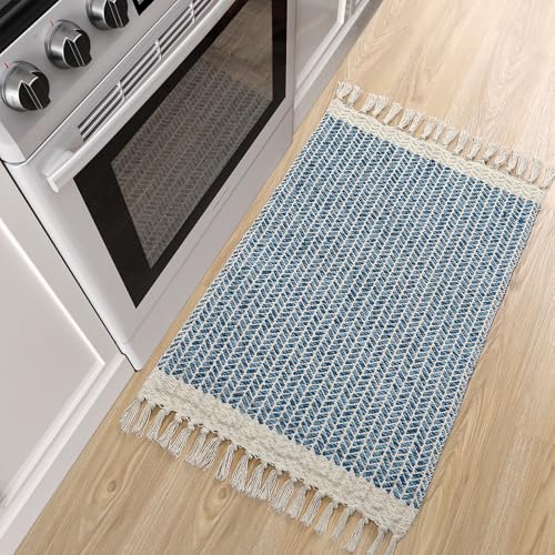 Lahome Belle Boho Bathroom Rugs, Small 2x3 Front Door Bath Mats Lightweight Entryway Rug Woven Cotton Area Rug with Tassels, Farmhouse Blue Throw Rug Washable Low Pile Carpet for Kitchen - color: Blue/Multi, size: 2' x 3' (Rectangular)