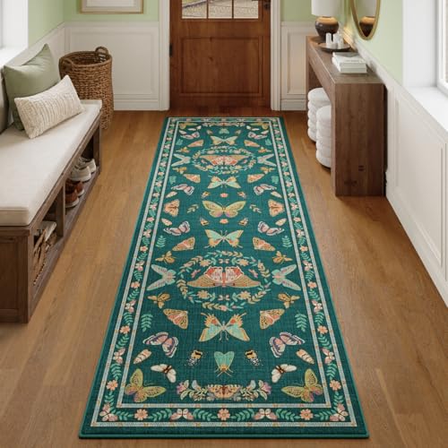 Unirea 2x6 Dark Blue Runner Rug, Washable Non Slip Insect Botanical Rug for Hallway, Kitchen, Bathroom, Laundry Room, Entryway, Bedroom, Soft Boho Door Mat Indoor Entrance Bug Rugs, Low Pile Carpet - color: Dark Blue, size: 2'x6'