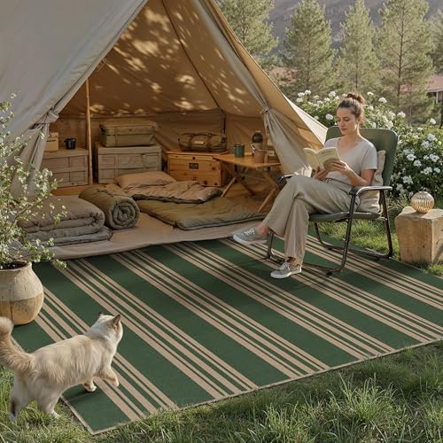 PureCozy Striped Easy Jute Rug 5x7 Green Living Room Carpet Washable Non Slip Bedroom Office Rug Farmhouse Neutral Non Shedding Indoor Outdoor Large Carpet for Kitchen Dining Room - color: Green/Striped, size: 5' x 7' (Rectangular)