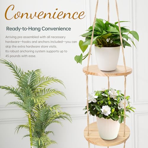 Hemp Rope Hanging Plant Shelf from Ceiling for Narrow Space or window Boho Hanging plant Shelves, Natural Pine Wooden Plant Stand Display for Indoor, Outdoor, Corner, Balcony, Living Room and Bedroom - color: Brown