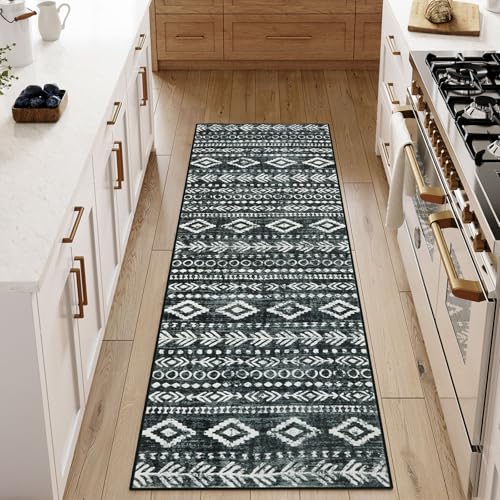 Lahome Moroccan Washable Hallway Runner Rug 2x6, Vintage Black Boho Kitchen Runner Rug Non Slip, Low Pile Soft Farmhouse Tribal Print Carpet Runner for Hallways Entryway Bathroom Laundry Varena - color: Black/White, size: 2' x 6'