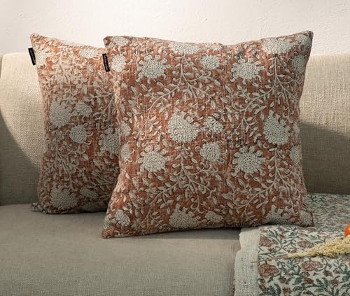 Handblock Printed Vintage Indian Cotton Decorative Throw Pillow Covers, Set of 2 (Brick Brown, 18" x 18" (Pack of 2)) - color: Brick Brown, size: 18" x 18" (Pack of 2)