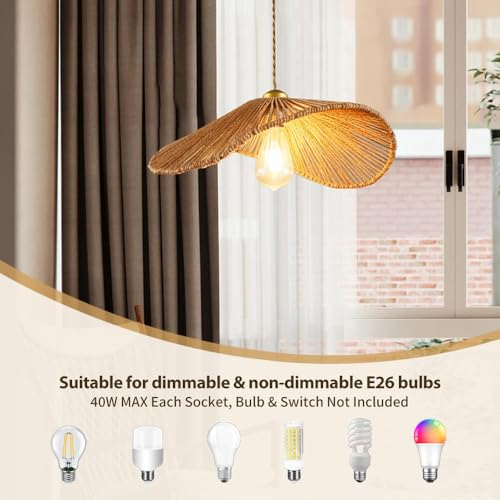 Rattan Pendant Light,16"(40cm) Boho Kitchen Island Light Fixtures, Wicker Small Chandelier,Brown Woven Coastal Hanging Lights for Bedroom/Living Room Hallway Restaurant Foyer - color: 16”scallop shape