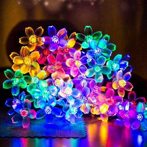 Outdoor Flower String Lights, 33ft Black Wire Fairy Lights with 100 LED Lighted Cherry Blossom for Indoor/Outdoor Backyard, Patio, Garden, Party, Christmas Decoration (Black Wire-Multicolored) - color: Multi-Flower-Black Wire