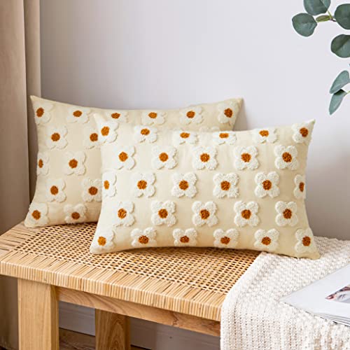 EMEMA Decorative Throw Pillow Covers Sun Flower Jacquard Pillowcase Cushion Case Rectangle for Couch Sofa Bed Living Room Bedroom Set of 2, 12x20 Inch, Beige - color: A-beige, size: 20" x 12" (Pack of 2)