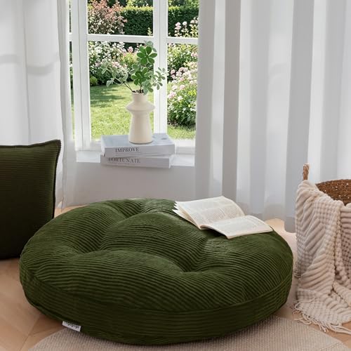 HIGOGOGO 35" Floor Pillow Cushion for Adults, Meditation Cushion Pillow, Extra Large Square Floor Sitting, Tufted Corduroy Cover for Tatami Living Room or Yoga, Dark Green - color: Dark Green, size: 4" Thick Round