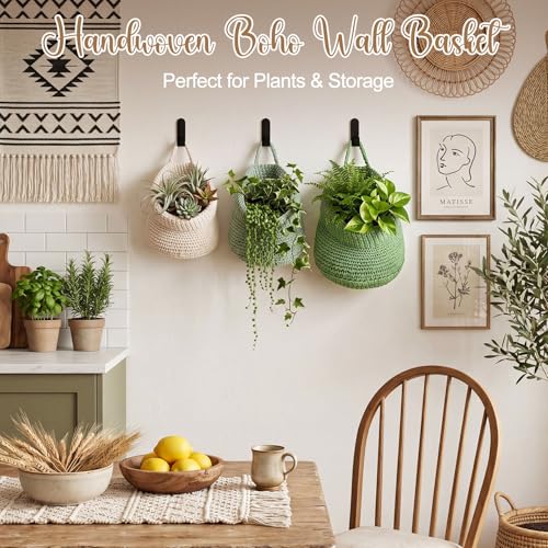Honeydak Boho Decor Hanging Wall Baskets for Kitchen 3 Pack Teardrop Baskets with Hooks Storage Fruit Onion Vegetable Potato for Home 3 Sizes(Sage Color Palette,Barrel,Cotton Rope) - color: Sage Color Palette, size: Cotton Rope, style: Barrel