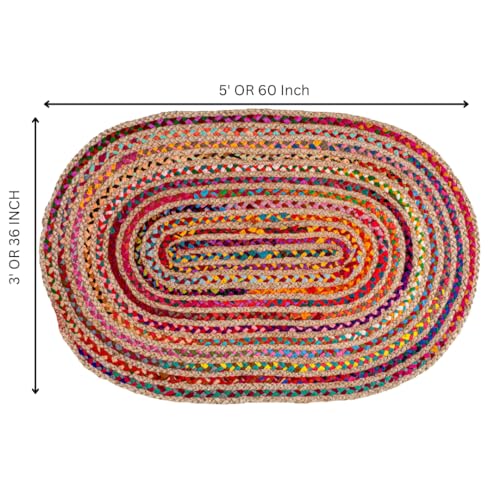 Savi Home Oval Jute Cotton Chindi Rug 3'x5' – Multicolor Braided Area Rug for Living Room, Kitchen, Entryway, Farmhouse & Bathroom – Handwoven Recycled Cotton Floor Mat