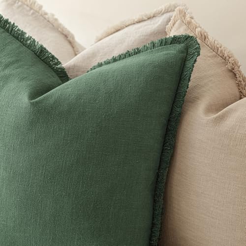 Foindtower Set of 2 Decorative Linen Fringe Throw Pillow Covers Cozy Boho Farmhouse Cushion Cover with Tassels Soft Accent Pillowcase for Couch Sofa Bed Living Room Home Decor, 16×16 Inch, Pine Green - color: Abundant Green, size: 16" x 16" (Pack of 2)