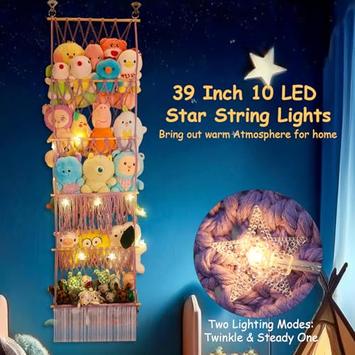 5 Tier Stuffed Animal Storage Shelf Net, 17x61 Inch Large Plushie Net w/LED Light & Clips for Mini Medium Stuffy Teddy, Purple Boho Macrame Wall Toy Holder Display for Nursery Kids Girls Boys - color: Light Purple, size: Large-5 Tier-17x61 Inch