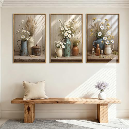 ANHUIB Vintage Wildflower Botanical Canvas Wall Art Framed Rustic Farmhouse Floral Pictures Wall Decor Country Daisy Painting 16x24 Inch Flower Set of 3 for Living Room Bedroom Office - color: Farmhouse Floral, size: 24"L x 16"W