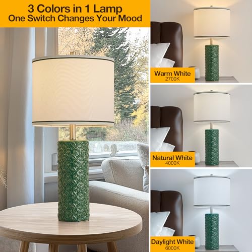 27" Farmhouse Bedside Table Lamp Set of 2, Green Modern Ceramic Lamps for Living Room, 3 Color Temperature Rustic Table Lamps for Bedroom, Night Stands, Dorm,Office, Home Décor (Bulb Included) - color: Green, size: 27"