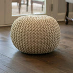 Decor Therapy Lola Round Knit Lurex Yarn and Cotton Pouf, Off-White 20x20x14
