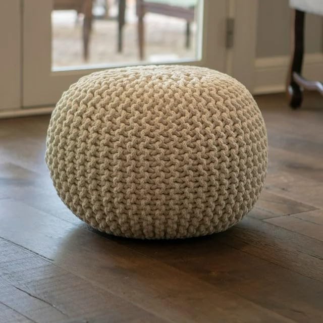 Decor Therapy Lola Round Knit Lurex Yarn and Cotton Pouf, Off-White 20x20x14
