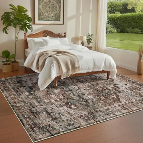 GarveeHome Washable Area Rug 3x5 Vintage Living Room Rug Floral Rugs Carpet Stain Resistant Distressed Rugs Indoor Floor Cover for Bedroom Dining Room Home Office Brown - color: Brown, size: 3' x 5' (Rectangular)