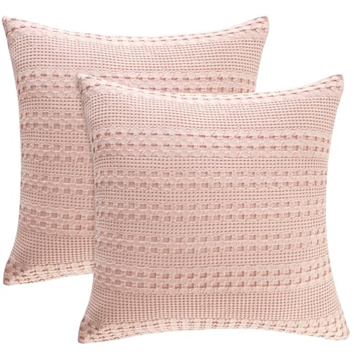 PHF 100% Cotton Waffle Weave Pillow Covers 24" x 24", 2 Pack Luxury Square Shell for Elegant Home Decor, No Filling, Luxury Aesthetic Soft Pillow Covers for Bed, Pink - color: Pink, size: 24" x 24" (Pack of 2)