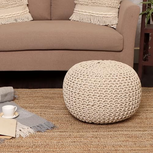 REDEARTH Round Pouf Ottoman –18"x18"x14" Hand-Knitted Cotton Pouffe –Cable Footstool –Boho Dori Hassock –Pre-Stuffed Poof – Extra Seat -Poofy Footrest for Living Room, Bedroom, Nursery, Nook –Ivory - color: Ivory3, size: 18"D x 18"W x 14"H