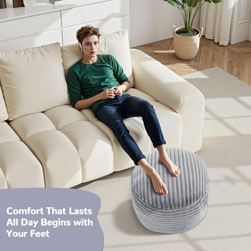 MeMoreCool Stuffed Round Pouf Ottoman Foot Rest, Soft Plush Floor Pouf Foot Stool, Corduray Footstool Footrest, Small Round Ottoman for Living Room Couch Sofa Chair, 20x15 Inch Grey - color: Ribbed Light Grey