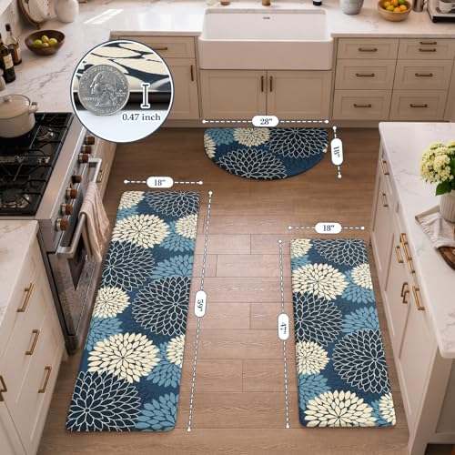 KIMODE Kitchen Mats for Floor Cushioned Anti Fatigue,Floral Farmhouse Kitchen Rugs Sets of 3 Non Slip,Waterproof Half Circle Kitchen Carpet Runner Decor for Sink Laundry Bathroom,Blue - color: Multi-blue, size: 18" x 28"+18" x 47"+18" x 59"-0.47 inches