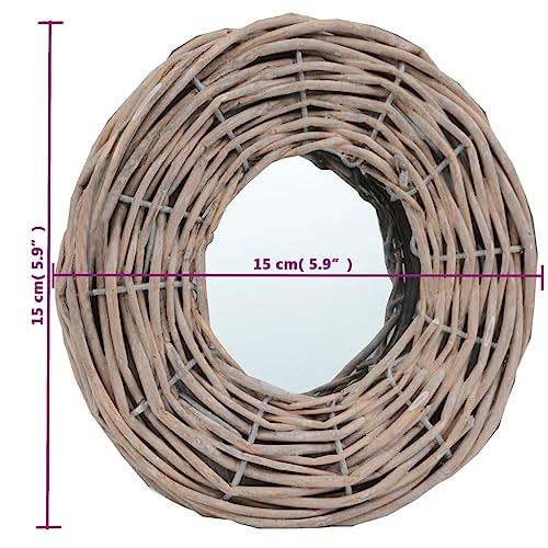 Natural Rattan Wicker Wall Mirror 5.9 Inch Diameter Round Set of 3 Indoor Living Room Vanity Makeup Mirror for Entryway Bedroom Salon Decor