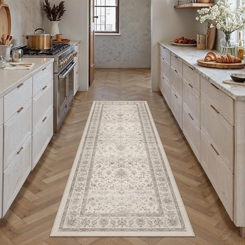 PureCozy 2x6 Runner Rug Beige Washable Hallway Vintage Carpet Kitchen Small Long Non Slip Stain Soft Resistant Low Pile Thin Boho Accent Indoor Throw Rug for Bedroom Laundry Living Room - color: Oriental Beige, size: 2' x 6' (Runner)