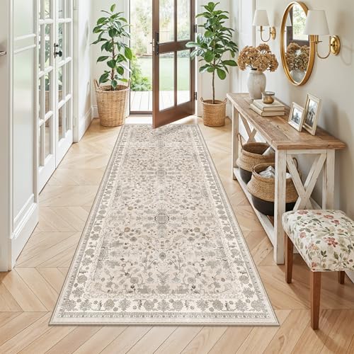 3x7 Washable Non-Slip Kitchen Runner Rug – Soft Low-Pile Stain-Resistant Carpet for Hallway Entryway Bedroom Laundry Room Bathroom – Boho Floral Wide Floor Runner with Rubber Backing (Beige,3x7) - color: Beige, size: 3' x 7' (Rectangular)