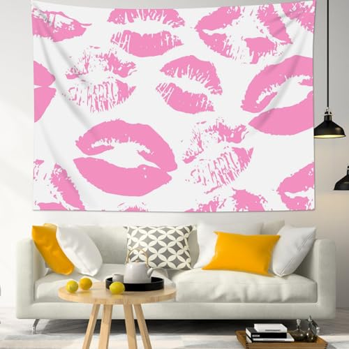 SCECALA Pink Kiss Lips Tapestry Modern Fashion Makeup Wall Art Tapestry Pink and White Fashion Aesthetic Wall Hanging for Girls Bedroom College Dorm Makeup Room Home Decor 59x51 Inch - color: Pink, size: 51"L x 59"W
