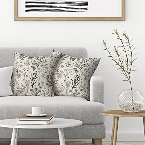AEIOAE Spring Pillow Covers 16x16 Inch Set of 2,Black Gray Wild Flower Plant Throw Pillows Case,Seasonal Floral Outdoor Decorative Square Linen Farmhouse Decor Cushion Covers for Home Sofa Bed Couch - color: Wild Floral 02, size: 16" x 16" (Pack of 2)