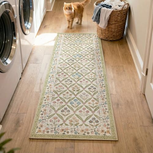 jinchan Haden Runner Rug 2x5 Vintage Floral Washable Hallway Rug for Entrance Kitchen Soft Non-Slip Low Pile Bedside Laundry Room Cottage Calm Indoor Decor Sage Green - color: Sage Green, size: 2' x 5' (Runner)