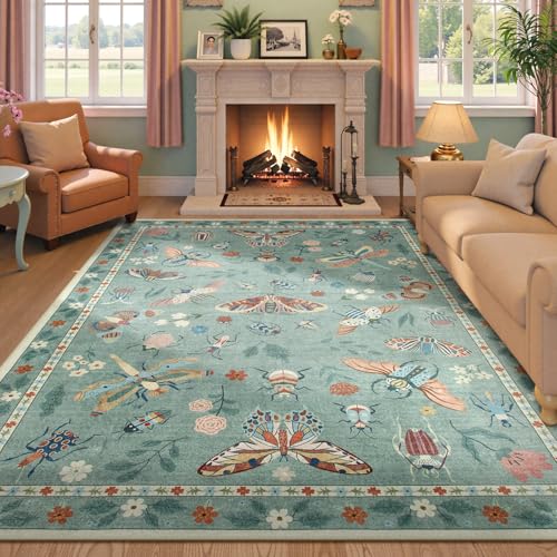 Beeiva Insect Print Washable Area Rug 6x9 for Bedroom Under Bed - Sage Green Non Slip Dining Room Rugs for Under Table, Stain Resistant Large Carpet for Living Room Kids Playroom Decor(6'x9',Green) - color: Light Green, size: 6' x 9' (Rectangular)