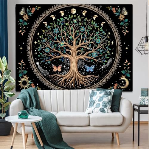 Lunerfex Tree of Life Tapastry Sun and Moon Tapastry Flower Boho Tree Mandala Wall Hanging for Bedroom and Living Room Decor Green Tree 44×60 Inches - color: Light Green, size: 60"L x 44"W