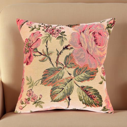 18x18 Tapestry Pillow Cover, Jacquard Woven Vintage French Country Floral Roses on Beige, Decorative Throw Pillow Sham for Couch, Victorian Accent Cushion Case (Cream Beige & Garden Rose) - color: Cream Beige & Garden Rose