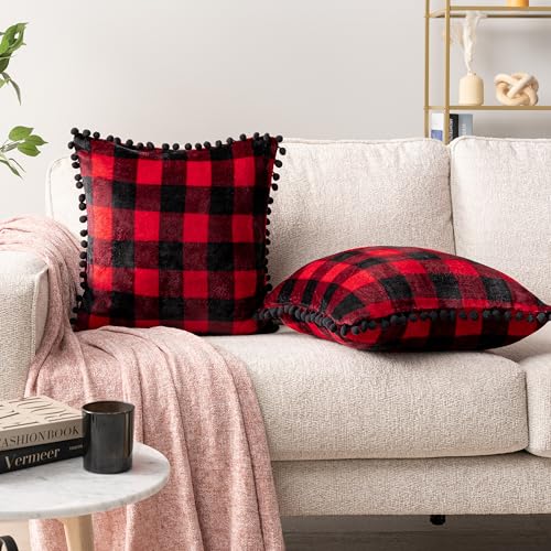 PAVILIA Plaid Red Black Throw Pillow Covers Pom Pom 18x18 Set of 2, Decorative Pillow Cases for Bedroom Aesthetic, Buffalo Check Small Pillows Set for Bed, Velvet Euro Plush Cushion Covers Sofa Couch - color: Checkered Red, size: 18" x 18" (Pack of 2)