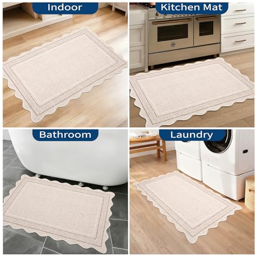 GarveeHome Scalloped Door Mat Indoor Entrance 2x3 Rug Machine Washable Boho Solid Small Area Rug Non-Slip Low Pile Throw Rugs for Entryway Kitchen Front Door Indoor Entrance Entry Kids Room, Beige - color: Beige, size: 2' x 3' (Rectangular)
