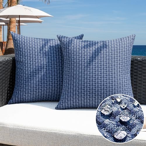 Kevin Textile Outdoor Waterproof Throw Pillow Covers Pack of 2 Weaving Texture Water Resistant Outside Decorative Cushion Covers for Garden Patio Tent Balcony Bench Couch Sofa 16x16 Inch, Navy Blue - color: Navy Blue, size: 16" x 16" (Pack of 2)