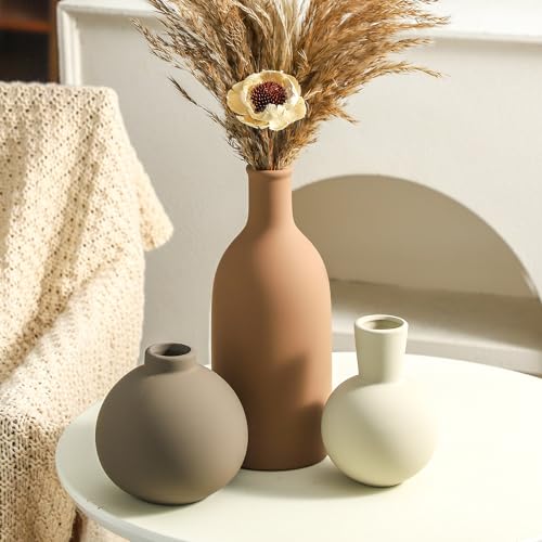 Vase Set of 3 | Ceramic Neutral Vases Home Decor | Rustic Flower Pottery Vases Modern Farmhouse Vase for Table Entryway Mantel Centerpiece Bookshelf Living Room Bathroom Bedroom -Brown Large - color: 001-brown-larger
