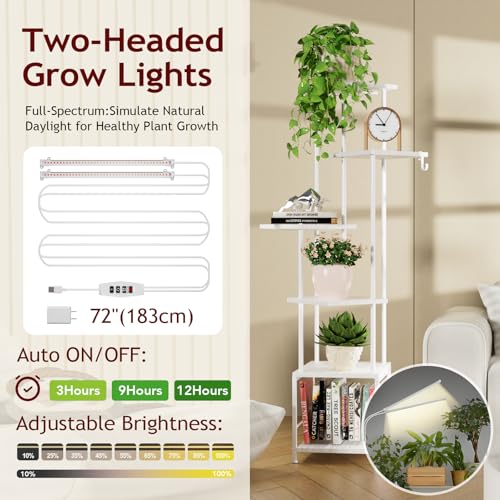 Homsorout Plant Stand Indoor with Grow Light - 6-Tier Metal Plant Shelf with Hanging Basket Hook, Corner Tall Flower Holder for Multiple Plants, Living Room Balcony Garden Patio, White - color: White, size: 6-Tier