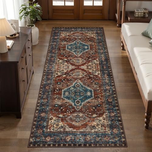 Tangsoo 2x5 Washable Runner Rug for Hallways, Non Slip Vintage Runner Rug, Soft Low Pile Long Rug Runner, Print Distressed Carpet Runners for Kitchen Bedroom Entryway Bathroom Living Room Rust - color: Rust/Blue, size: 2' X 5' (Runner)
