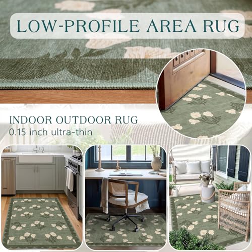 3x5 Floral Entry Rug - Small Washable Indoor Outdoor Mats for Front Door Non-Slip Spring Porch Rug Sage Green Farmhouse Throw Rugs for Living Room Bedroom Entryway Kitchen Office Porch Decor - color: Flower - Green, size: 3' x 5' (Rectangular)