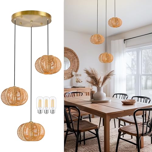 12" Boho Natural 3-Light Boho Chandeliers for Kitchen Island Hand-Woven Boho Rattan Chandeliers Dimmable Adjustable Hanging Chandelier for Dining Room Living Room Hallyway（Bulb Incl. - color: 11.8" Natural 3-Light