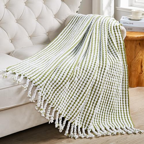 Striped Knit Throw Blanket with Braided Tassels 50" x 60", Hand Knitted Soft Chunky Chain Design Boho Farmhouse Blanket, Two Tone Tassel Decor Throw for Couch Bed Sofa Outdoor, Olive White - color: Olive White