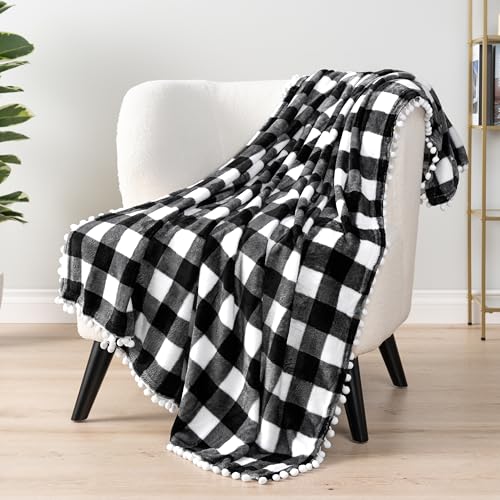 PAVILIA Black White Fleece Throw Blanket for Couch with Pom Pom Fringe, Buffalo Checkered Plaid, Soft Cozy Fuzzy Flannel Blanket for Sofa Bed, Large Lightweight Plush All Season Throw, 60x80 Inches - color: Checkered White, size: 60"x80"