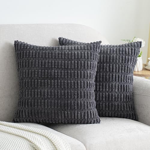 Pack of 2 Corduroy Decorative Throw Pillow Covers 18x18 Inch Soft Boho Striped Pillow Covers Modern Farmhouse Home Decor for Sofa Living Room Couch Bed Dark Grey - color: Dark Grey, size: 18" x 18" (Pack of 2)